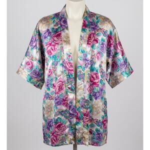 Vintage Adonna Robe Womens Size L Pink Purple Floral Made in USA No Waist Tie